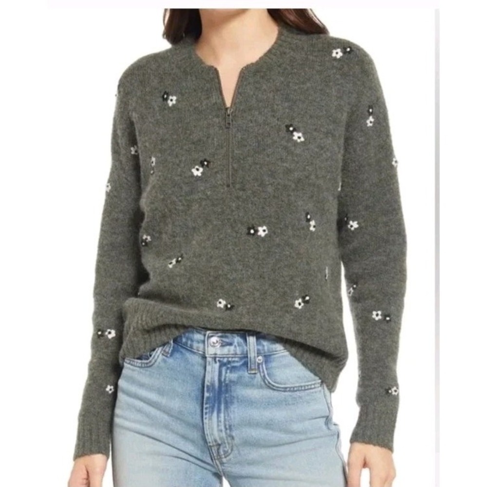 Madewell Women's‎ Embroidered Enfield Half-Zip Sweater Heather Basil Size XS